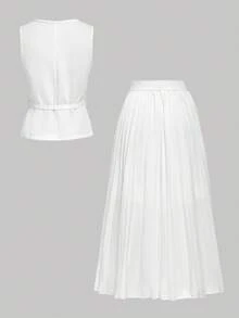 SHEIN MOD Set elegant pentru femei, vestă cu nasturi și strasuri, culoare solidă, și fustă mini plisată, toamnă/iarnă - alb - Vizualizare 2