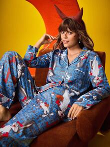 Chillnights X LOONEY TUNES Conjunto de pijama de mujer con top de manga larga y pantalones con estampado de dibujos animados, arruga de burbuja. Conjunto de pijama de mujer, pijama de mujer con diseño de dibujos animados, conjunto de pijama azul de mujer, ropa de otoño - Multicolor - Ver 3