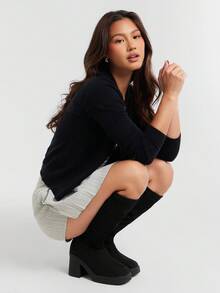 Solezae 畅销女款黑色时尚方头及膝靴 - 弹性贴合，厚底和粗跟，全天舒适 - 黑色 - 查看 4