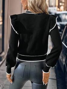 Solivie Women Contrast Color Trim Round Neck Cap Sleeve Sweater,Long Sleeve Tops In Fall/Winter - Black and White - View 2