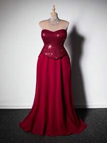 Viva Relle 大码女士优雅华丽亮片雪纺连衣裙，适合宴会、派对、婚礼、新年等场合，无肩带闪亮收腰飘逸雪纺长裙 - 酒紅色 - 查看 4