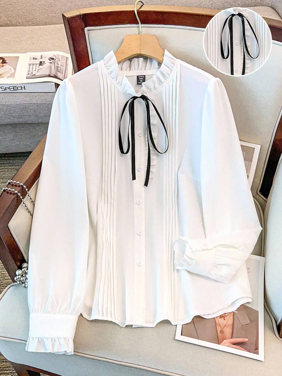 GlowEve CURVE Plus Size Women Long Sleeve Small Stand Collar Striped Casual Solid Color Ruffle Cuff Fashion Shirt, Suitable For Daily Commute Fall Cloth For Women - White - View 1