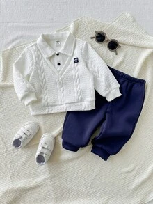 SHEIN 2pcs/Set Baby Boy Cute Knitted Long Sleeve Sweatshirt And Elastic Waist Jogger Pants Tracksuit Set, Back To School Fashion Unisex Baby Clothes, Baby Winter Clothes - Multicolor - View 4