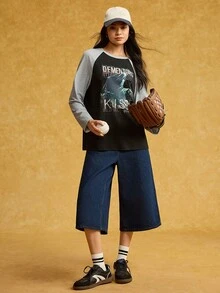 HARRY POTTER X SHEIN Women's Letter Graphic Color Block Round Neck Long Sleeve T-Shirt,Back To School