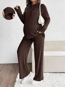 SHEIN 2件套孕妇休闲纯色连帽上衣和裤子套装