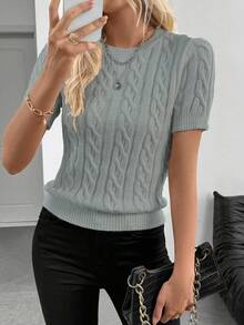 EMERY ROSE 博主灵感扭绳装饰圆领针织毛衣百搭秋冬短袖毛衣泡泡袖毛衣女夏季毛衣麻花针织上衣女针织上衣 - 淺灰色 - 查看 8