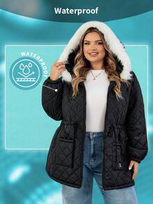 SHEIN CURVE+ Plus Size Women Front Zip Long Sleeve Pockets Fluffy Patchwork Casual Hooded, For Winter Quilted Jacket Winter Coat Outerwear Women Shackets For Women Oversized Jacket