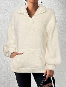 SHEIN EZwear Sudadera casual de mujer con media cremallera, bolsillo y hombros caídos, color albaricoque, otoño - Albaricoque - Ver 5