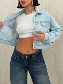 EURMUSE Casual Light Washed Cropped Denim Jacket - Light Wash - View 6