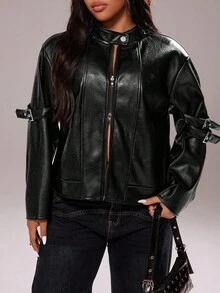 Rustia Chaqueta con cuello alto y cremallera de unicolor y textura de piel sintética para tallas grandes - Negro - Ver 6