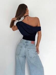 Siren Gaze Áo crop top lệch vai thanh lịch, giản dị dành cho nữ, thích hợp mặc mùa hè, mặc hàng ngày, đi chơi - Màu xanh hải quân - Xem 3