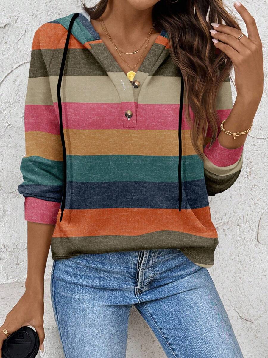 SHEIN LUNE New Women Color Block Striped Knit Sweatshirt, Suitable For Autumn/Winter Hoodie,Casual - Multicolor - View 1