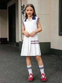 Hanevo Young Girls Casual Fashion Lapel Sleeveless Pleated Dress - White - View 4