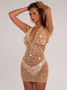 SHEIN BAE Váy len hở vai gợi cảm đính sequin khoét sâu dành cho nữ vào mùa thu/đông - Màu be - Xem 7