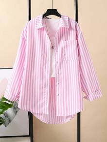 Sparklyn 3 件套青少年女孩休闲装，条纹宽松长袖衬衫 + 白色针织背心 + 黑色阔腿裤，适合日常穿着和度假 - 粉色 - 查看 4