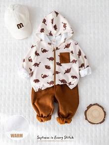 Cozy Pixies 2pcs Baby Boy Cartoon Dinosaur Pattern Contrast Color Hooded Sweatshirt And Elastic Waist Pants Set Fall Winter - Multicolor - View 4