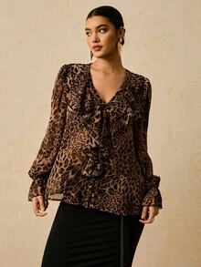 Travachic Plus Size Women Chiffon Floral Print Long Sleeve Blouse, Leopard Print Ruffle Hem Shirt,Fall Clothes For Women - Multicolor - View 3