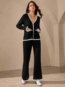 Wildy 2pcs Basic Casual Knit Loungewear Set,Women Black And White Scalloped Trim Pant Suits,Elegant Autumn Brunch Outfit,Comfortable Airport Two Piece Set - Black - View 4