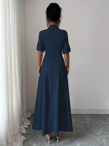 Elenzga Vestido largo de verano de unicolor con botones delanteros, casual y apropiado para ir al trabajo - azul real - Ver 2