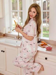 Dream Adore Halloween Cute Ghost Print V-Neck Cardigan Ruffle Trim Short Sleeve Pajama Set  Cozy And Elegant Details - Pink - View 6