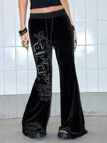 Paul Frank X ROMWE Women's Rhinestone Embellished Velvet Flare Pants