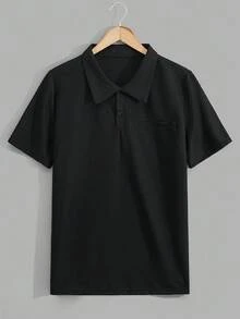SHEIN Cottnline Bộ quần áo polo thường ngày vải waffle có túi dành cho nam và quần short - màu đen - Xem 8