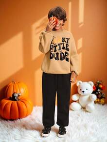 Leap Crew Leap Crew Halloween 2-Piece Tween Boys Black Casual Sports Suit,Hooded Sweatshirt With Sweatpants,Autumn Streetwear School Wear,Ceremony,Travel,Sportswear Set - Khaki - View 7