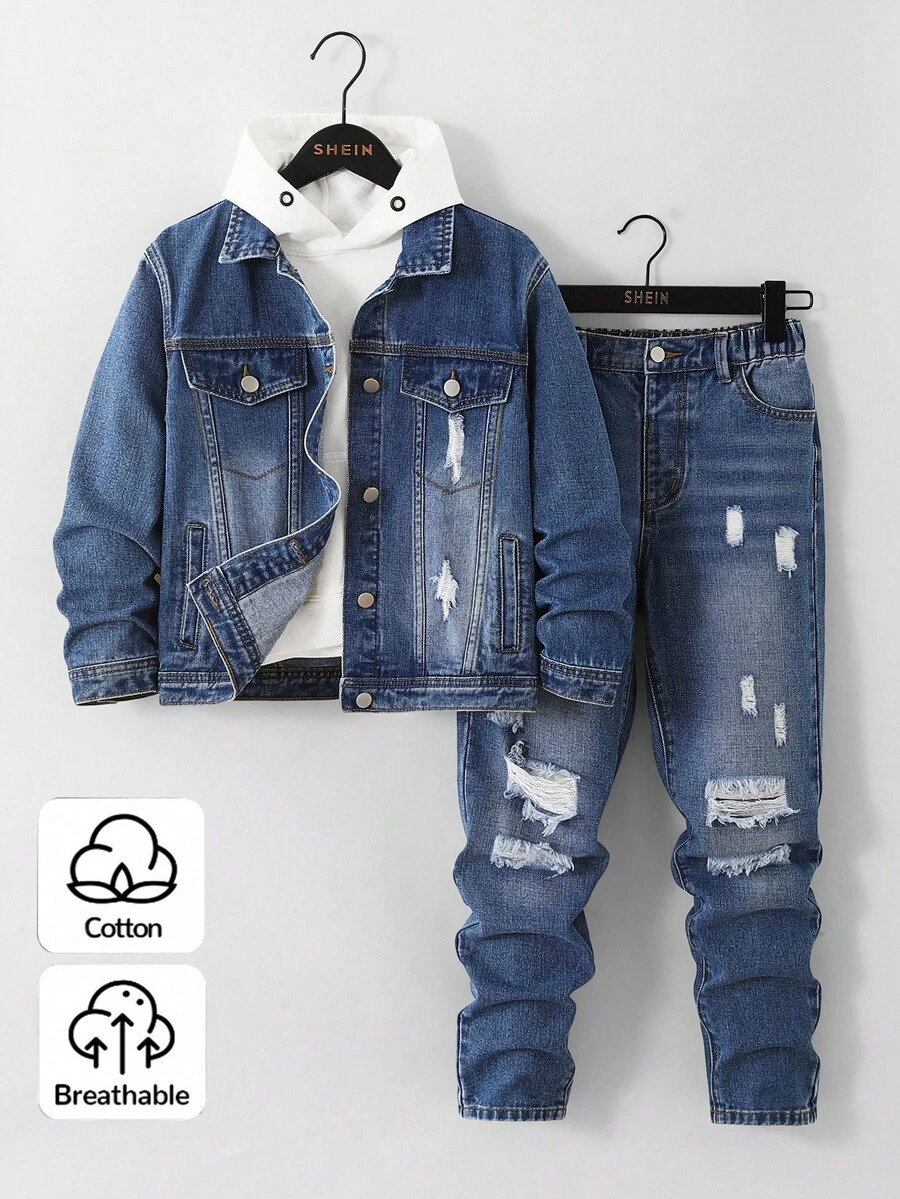 2 件套青少年男童牛仔夹克和牛仔裤套装，休闲日常百搭街头服饰，做旧设计，舒适 - 中等水洗藍 - 查看 1