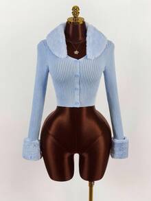 Y2K Amplova 女式休闲修身纯色长袖开衫，适合日常穿着淡蓝色上衣女式仿皮草饰边上衣秋冬 - 淺藍色 - 查看 3