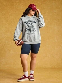 HARRY POTTER X SHEIN 大码字母动物图案卫衣 女款图案卫衣 秋季女装 冬季女装 经典学院风街头风宽松灰色连帽卫衣 万圣节图案卫衣 女款灰色卫衣 女款卫衣 灰色卫衣 - 灰色 - 查看 5