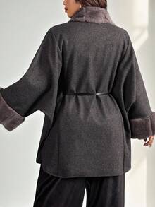 Firerie Plus Size Elegant Furry Collar Patchwork Dark Grey Casual Cloak Style Overcoat, Suitable For Home, Office, Outdoor, Cuff Fur Trim Elegant Commute & Date, Refined Afternoon Tea, Autumn/Winter/ Elegant Overcoat With Drawstring Waist Belt / Autumn And Winter Long Sleeve Loose Fur Patchwork Office Wear Coat Fall