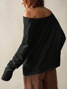 Bohemela Áo thun tay dài dáng rộng, dáng rộng, màu trơn, vai chéo cỡ lớn dành cho nữ - màu đen - Xem 2