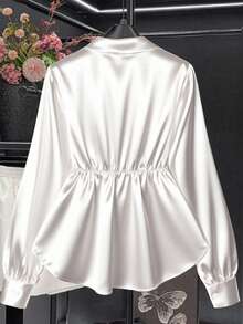 Franclia 法式轻奢气质修身长袖缎面亮面衬衫 白色衬衫 纽扣衬衫 女士秋冬衬衫 女式衬衫 秋季服装 大学秋季服装 女士秋季服装 - 米色 - 查看 2