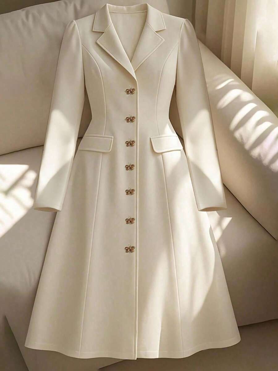 GlowEve Women's Elegant White Pocket Mandarin Collar Button Decor Mid-Length Formal Business Dress Fall Cloth For Women - Apricot - View 1