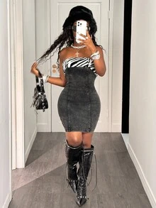 Slaydiva فستان جينز نسائي ضيق بياقة فرو قطعة واحدة، فستان شارع عصري للخروجات والحفلات والمهرجانات الموسيقية Y2K، فستان أنيق لحفلات - أزرق متوسط - مشاهدة 5