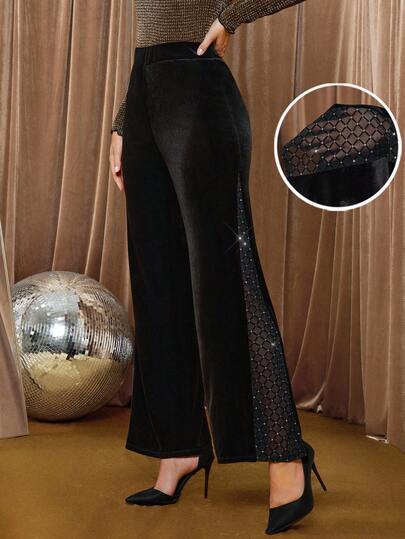 Amorya Women's Elegant Black Mesh Rhinestone Velvet Slim Fit Knit Pants, Suitable For Daily Wear And Multiple Occasions, Autumn Halloween Costumes Cover Up Pants Rhinestone Pants Mesh Pants Sheer Pants See Through Pants Women Autumn Winter Christmas