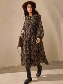 Wildy Romantic Bohemian Print Loose Midi Dress, New Arrival For Autumn Vacation Fall Dresses For Women Plus Size Paisley Dress Plus Size Winter Dresses Earthy Plus Size Plus Size Boho Dress
