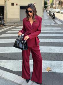 Siren Gaze 秋冬女士酒红色束腰西装套装 - 酒紅色 - 查看 4