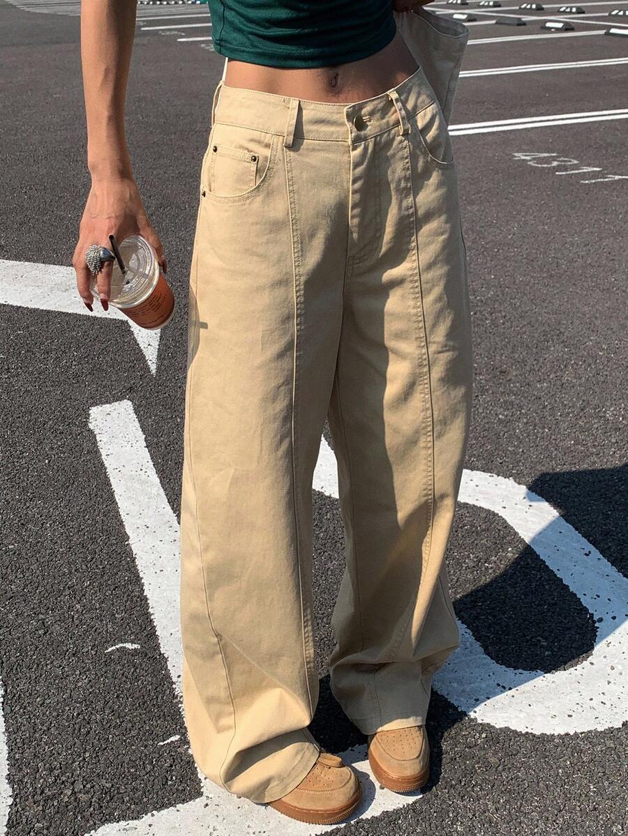 Livesso Women's Solid Color Loose Casual Jeans With Decorative Topstitching