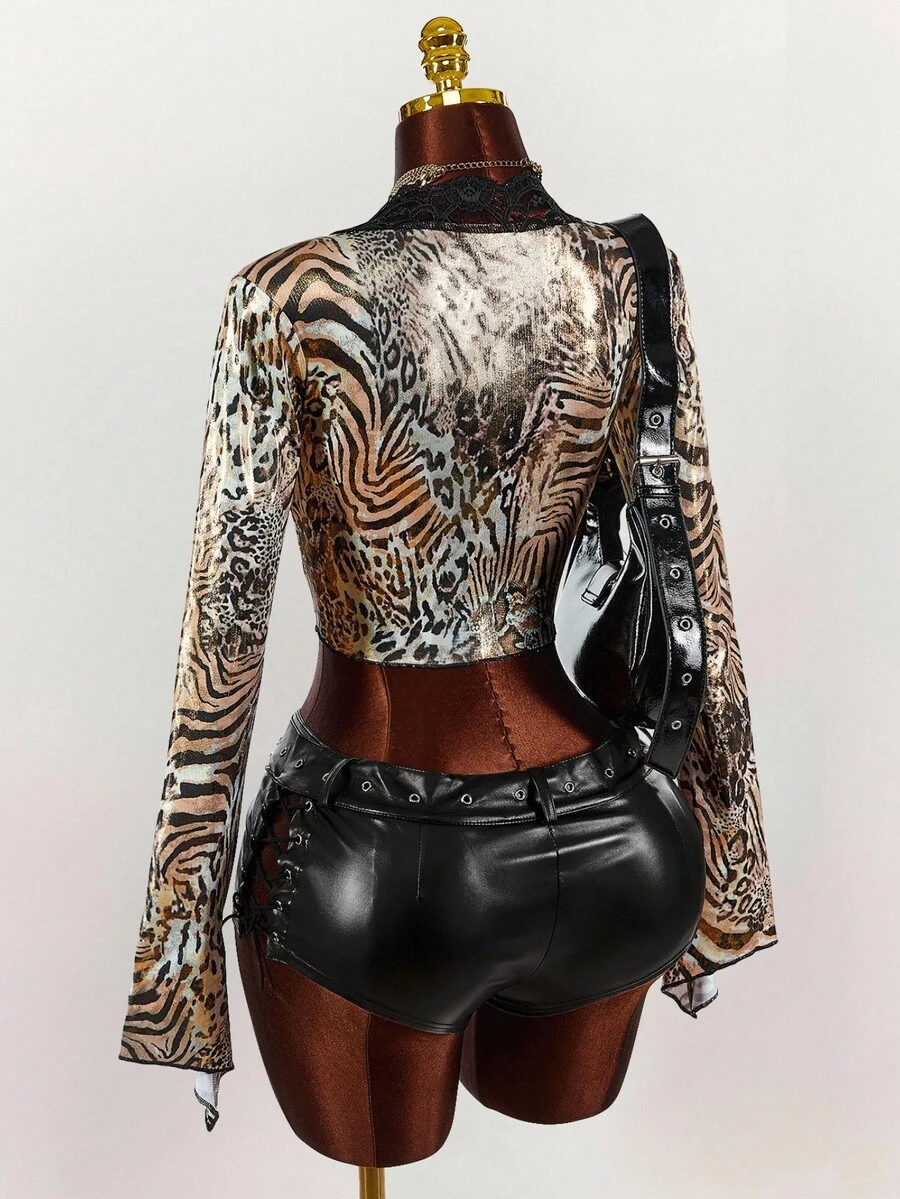 Amplova 性感豹纹亮片蕾丝前短款女式上衣