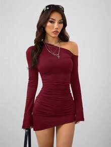 Coolane Women's Spring New Year Eve Date Night Rib Knit Ruched Asymmetrical Neck Slim Fit Skirts,Party Dresses For Women - Burgundy - View 1