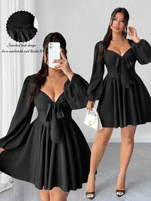 Elenzga Váy ngắn màu đen hở lưng buộc dây gợi cảm cỡ lớn dành cho nữ, mùa thu - màu đen - Xem 1