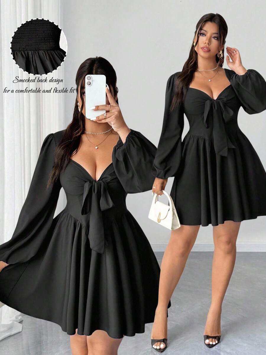 Elenzga Váy ngắn màu đen hở lưng buộc dây gợi cảm cỡ lớn dành cho nữ, mùa thu - màu đen - Xem 1