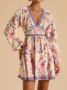 Travachic 女式花卉印花V领长袖迷你连衣裙 - 粉色 - 查看 4