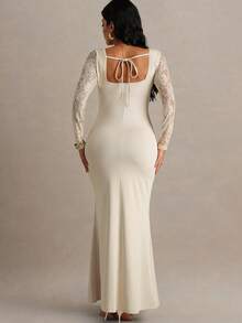 MaterniChic Autumn And Winter Elegant Contrast Lace Fishtail Hem Maternity Dress, Autumn Maternity Gown For Photoshoot Wedding Dress Long Sleeve Pregnant Dress Maternity White Dress Pregnancy Dress For Photoshoot - Apricot - View 2