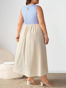 Enliva Plus Size Women's Blue And White Striped Midi Dress With Diamond Detail/Autumn /Winter