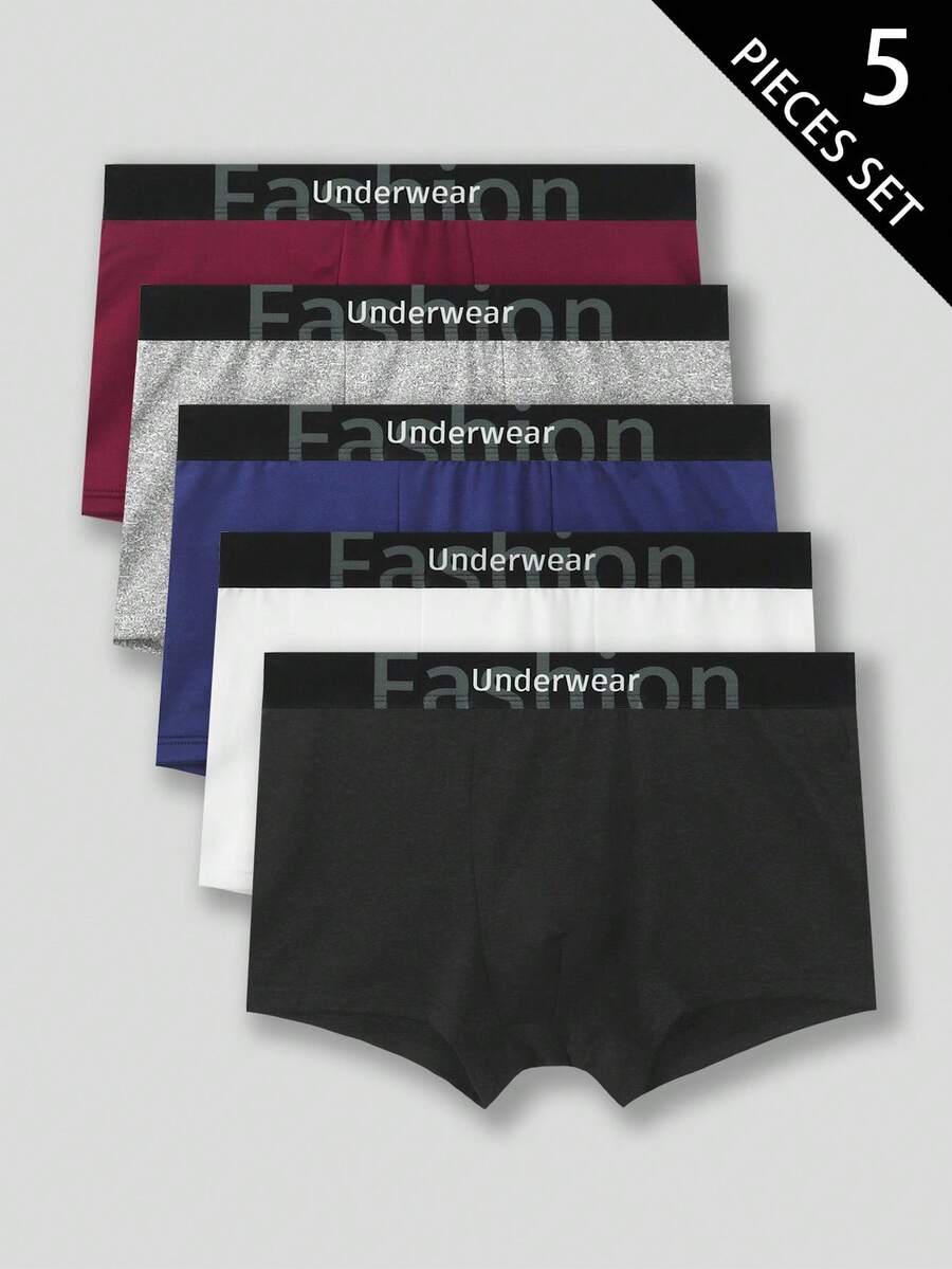 paquete de 5 calzoncillos de unicolor para hombres con cintura con estampado de letras