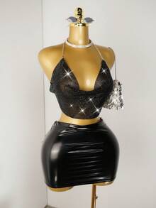 Mistrie 女士时尚细肩带链条性感露背优雅风格吊带背心上衣 - 黑色 - 查看 3