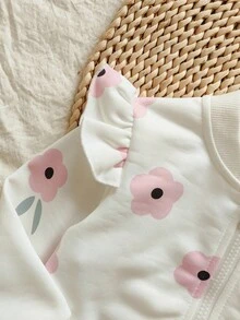 Vintaside Kids 女婴花卉印花圆领长袖棒球领夹克和休闲裤套装，适合露营和居家穿着，适合秋季户外或室内休闲时光 - 白色 - 查看 8