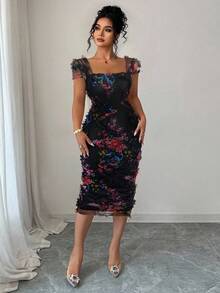 Elenzga 大码女式优雅浪漫随机花卉印花褶饰腰部中长连衣裙，适合婚礼、派对、约会和春夏季休闲外出 - 黑色 - 查看 6